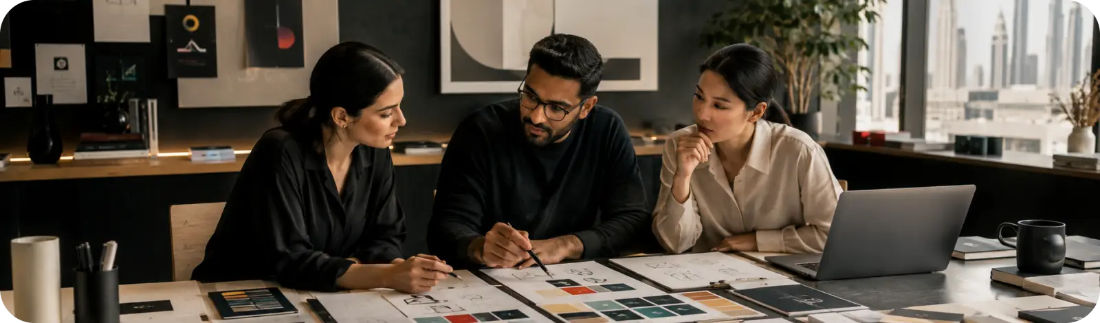 Creative team collaborating on brand redesign materials in a modern studio