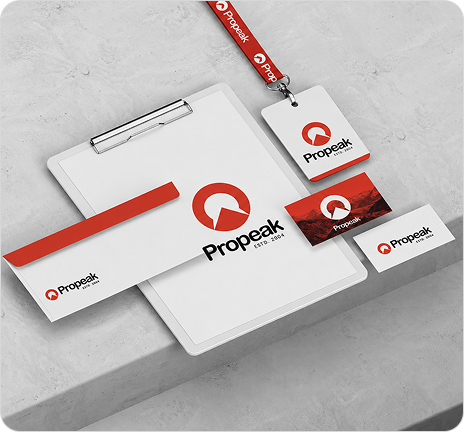 Propeak corporate stationery set with letterhead, business cards, envelope, and branded lanyard