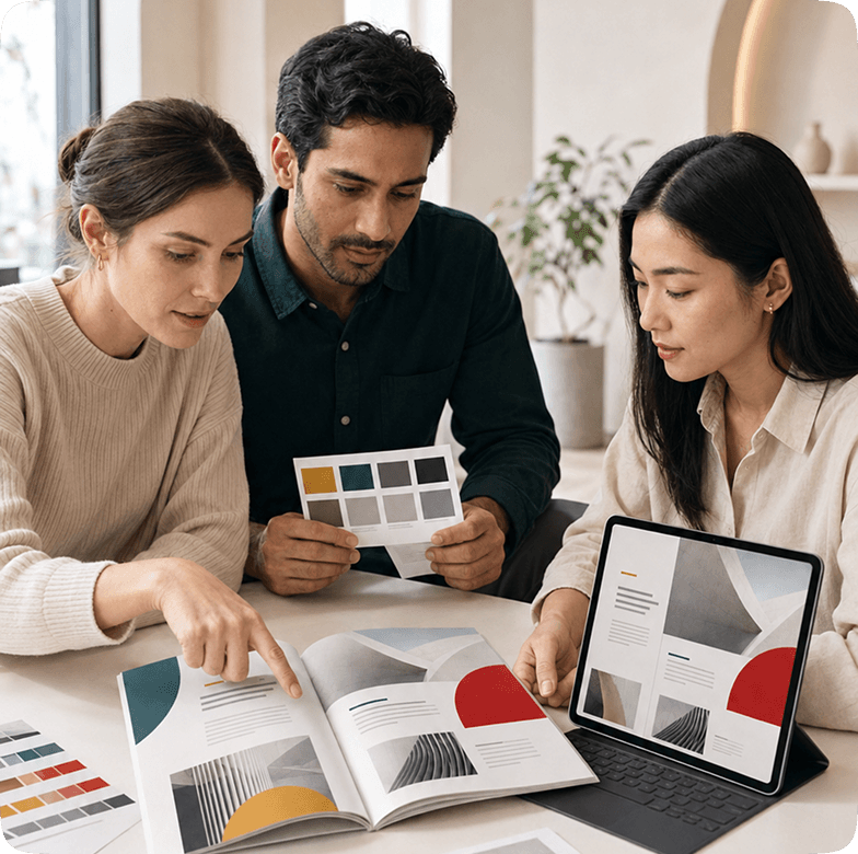 Designers reviewing printed brochure layouts, colour swatches, and a digital tablet mockup