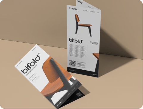 Brochure design mockup — stacked brochures on tan background