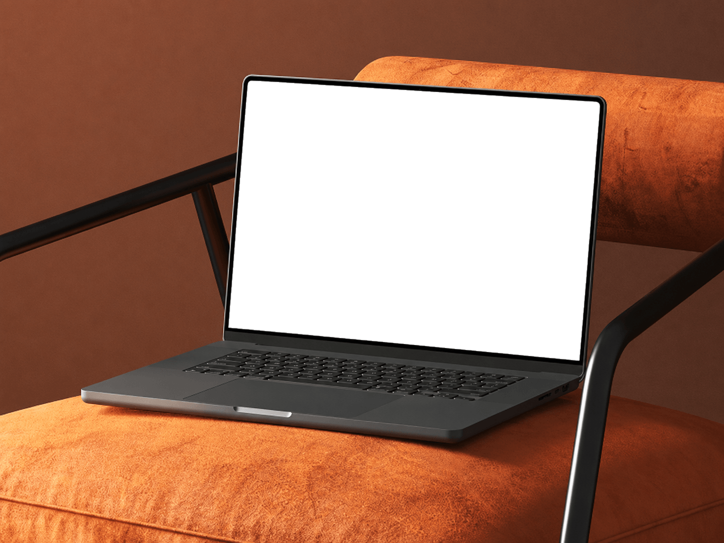 Laptop resting on an orange chair displaying the Banterr app landing page