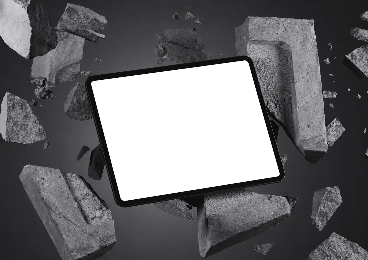 Tablet displaying the Racket Hoodie product website surrounded by floating stone debris
